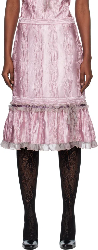 Anna Sui Pink Crushed Satin Ruffle Midi Skirt In Pink