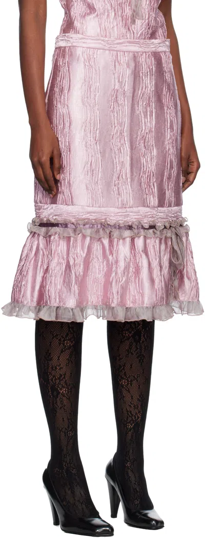 Anna Sui Pink Crushed Satin Ruffle Midi Skirt In Pink