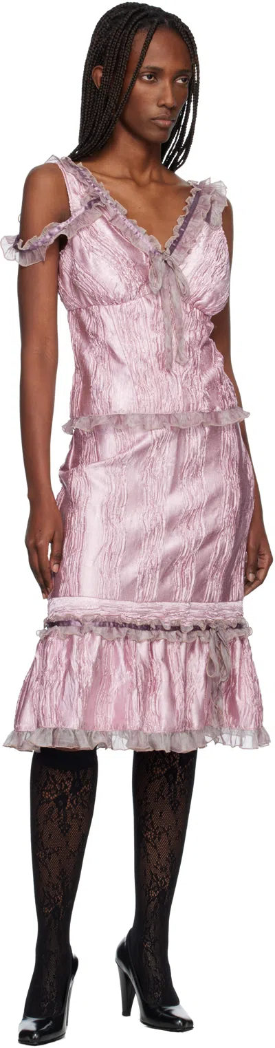 Anna Sui Pink Crushed Satin Ruffle Midi Skirt In Pink