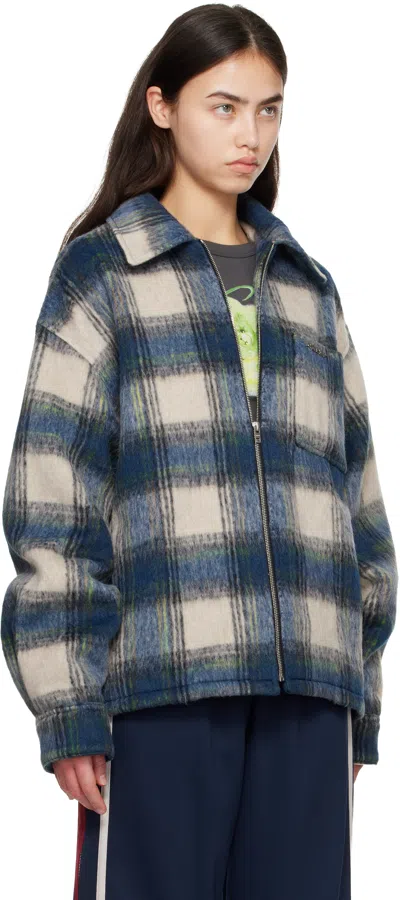 We11 Done Blue Script Logo Check Shirt Jacket In Blue