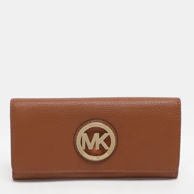 Pre-owned Michael Kors Fulton Brown Leather Flap Continental Wallet