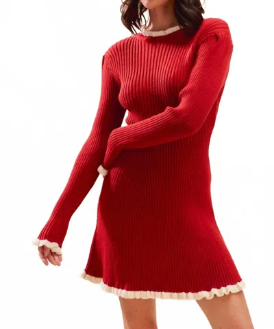 So Me Cindy Contrast Edge Rib Flared Mini Sweater Dress In Red