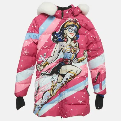 Pre-owned Dolce & Gabbana Pink Printed Synthetic Fur Trim Down Jacket Size11/12yrs