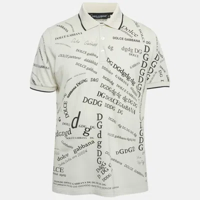 Pre-owned Dolce & Gabbana Cream Cotton Pique Dg Lettering Polo T-shirt Xl In White