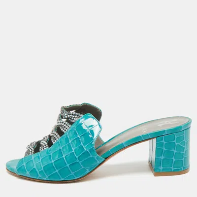 Pre-owned Gina Size 38.5 Blue Croc Embossed Patent Leather Crystal Embellished Mules