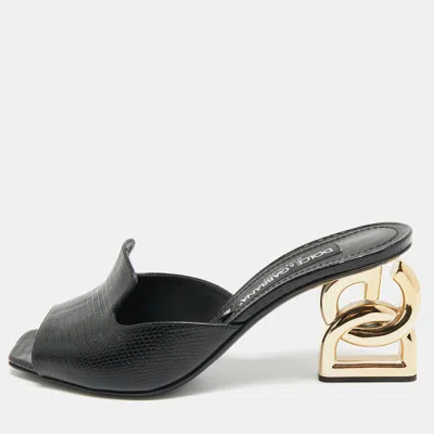 Pre-owned Dolce & Gabbana Keira Size 39 Black Lizard Embossed Leather Slide Sandals