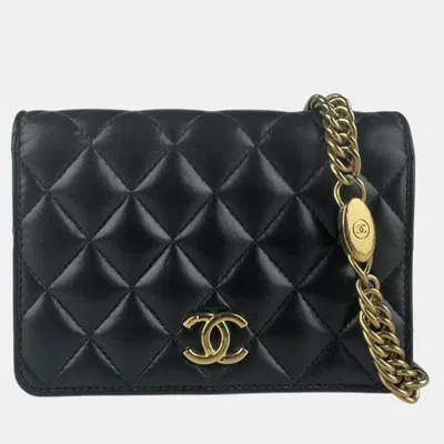 Pre-owned Chanel Chain Wallet Lambskin Black And Gold