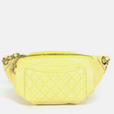 Pre-owned Chanel Chain Belt Bag/waist Pouch With Cc Coco Mark Crossbody Quilted Matelasse Design Lambskin Yellow