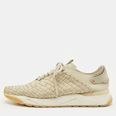 Pre-owned Santoni Size 43 Beige Woven Leather Lace Up Sneakers In Sand