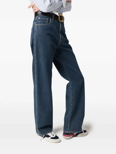 Miu Miu Flocked Embroidered-patch Jeans In Blue