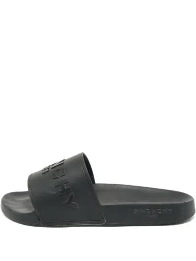 Pre-owned Givenchy Logo-embroidered Slides In Black