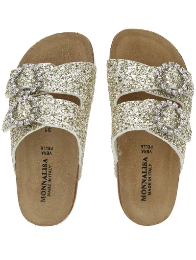 Monnalisa Glitter Sandals With Rhinestones In Gray