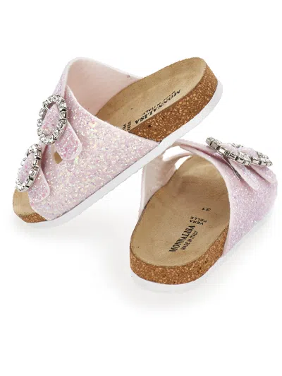 Monnalisa Glitter Sandals With Rhinestones In Pink