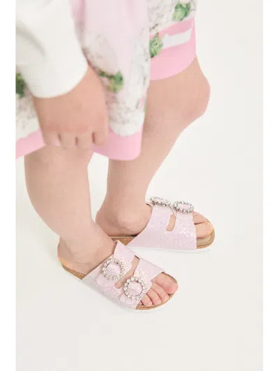 Monnalisa Glitter Sandals With Rhinestones In Pink