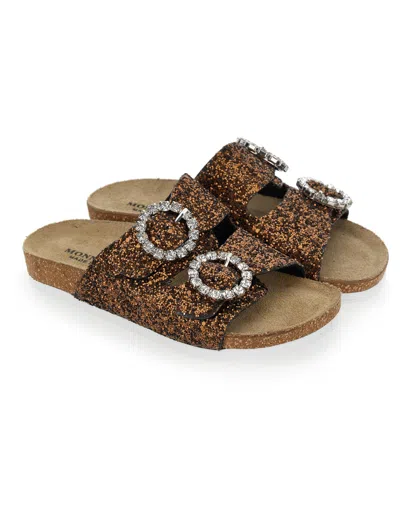 Monnalisa Glitter Sandals With Rhinestones In Brown