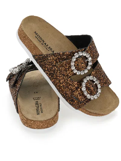 Monnalisa Glitter Sandals With Rhinestones In Brown