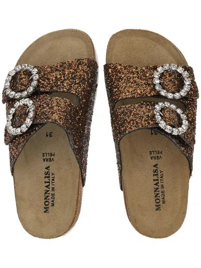 Monnalisa Glitter Sandals With Rhinestones In Brown