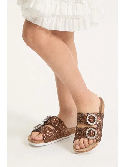 Monnalisa Glitter Sandals With Rhinestones In Brown