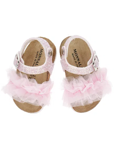 Monnalisa Sandals With Glitter Ruffles In Pink