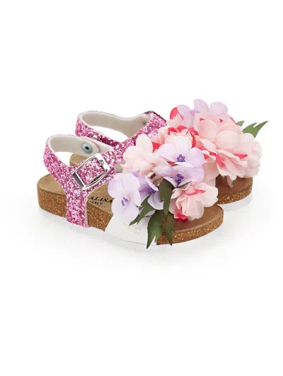 Monnalisa Glitter Bouquet Sandal In Pink