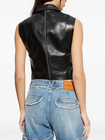 Versace Leather Sleeveless Shirt In Black