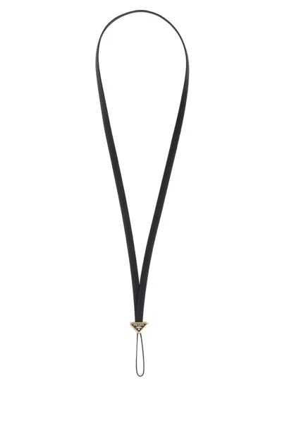 Prada Triangle-logo Leather Phone Strap In Black