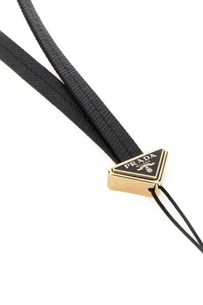 Prada Triangle-logo Leather Phone Strap In Black