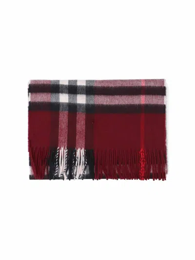 Burberry Check Patterned Cashmere Scarf Fringed Edges In Purple