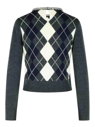 Self-portrait Argyle Crystal Grey Wool Sweater In Gray
