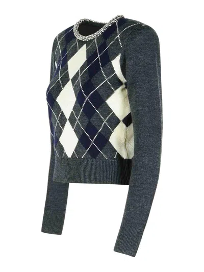 Self-portrait Argyle Crystal Grey Wool Sweater In Gray