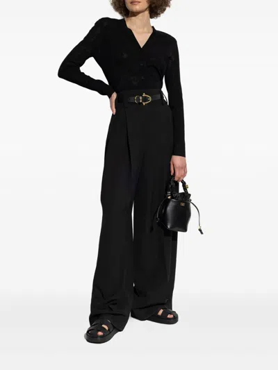 Tory Burch Textured Black Button Front Top With V-neckline And Pockets In Black