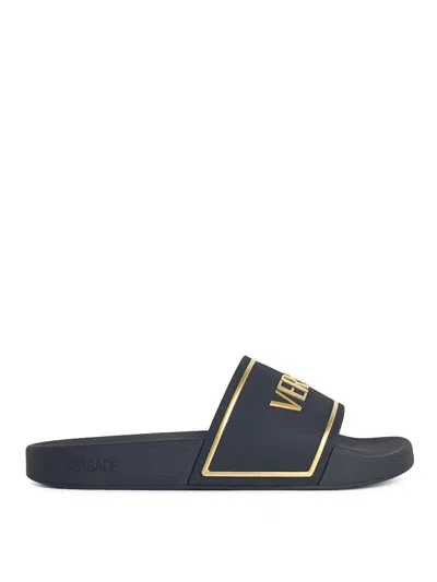 Versace Black Sandals With Logo Printed On The Front In Blue