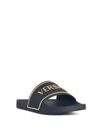 Versace Black Sandals With Logo Printed On The Front In Blue
