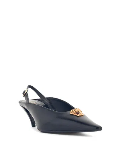 Versace La Medusa Black Leather Slingbacks In Blue