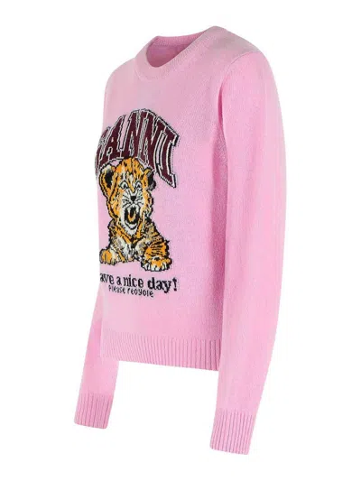 Ganni Graphic Print Long Sleeve Crew Neck Sweater In Pink
