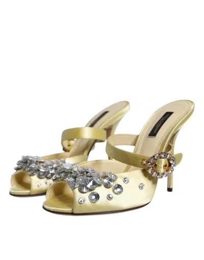 Pre-owned Dolce & Gabbana Yellow Crystal Slides Heels Sandals Women's Shoes ()