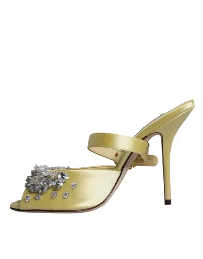 Pre-owned Dolce & Gabbana Yellow Crystal Slides Heels Sandals Women's Shoes ()