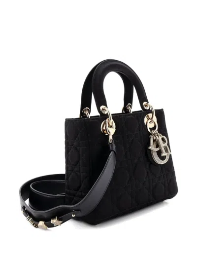 Pre-owned Dior My Abc Lady  Bag Cannage Quilt Satin With Crystal Charms Crossbody Bag In Black