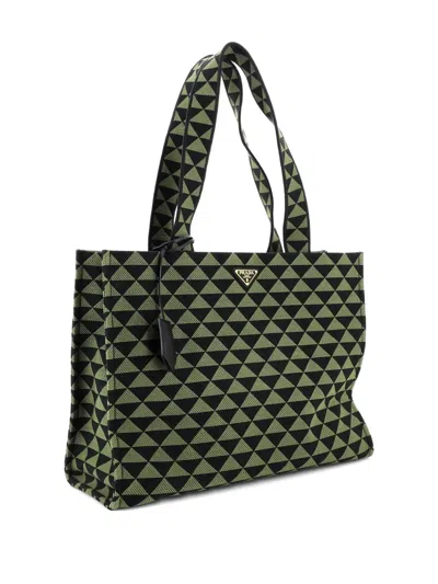 Pre-owned Prada Symbole Shopper Jacquard Horizontal Tote Bag In Black