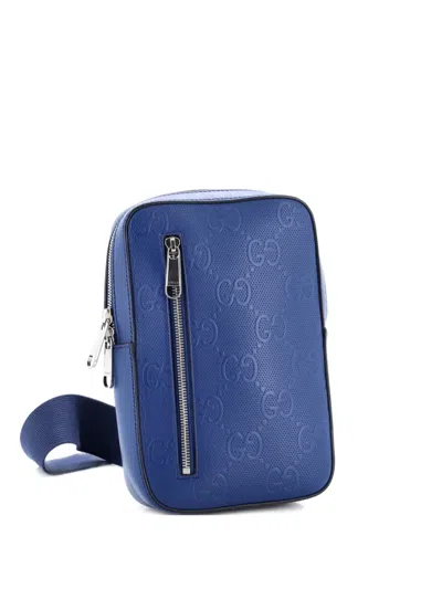 Pre-owned Gucci Sling Gg Embossed Perforated Leather Backpack In Blue