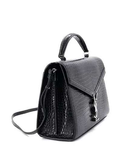 Pre-owned Saint Laurent Cassandra Top Handle Bag Crocodile Embossed Leather Medium Satchel In Black