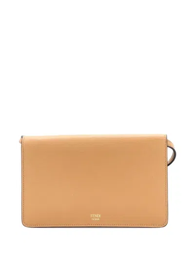 Pre-owned Fendi Ff Diamonds Wallet On Chain Leather Shoulder Bag In Brown