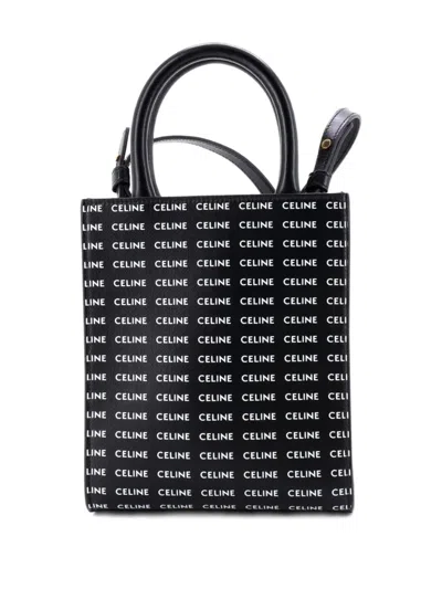 Pre-owned Celine Vertical Cabas All Over Logo Print Leather Mini Tote Bag In Black