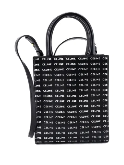 Pre-owned Celine Vertical Cabas All Over Logo Print Leather Mini Tote Bag In Black