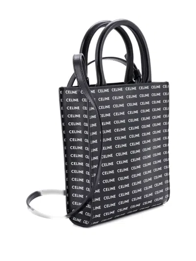 Pre-owned Celine Vertical Cabas All Over Logo Print Leather Mini Tote Bag In Black