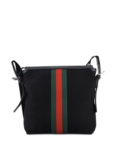 Pre-owned Gucci Web Messenger Bag Techno Canvas Medium Crossbody Bag In Black