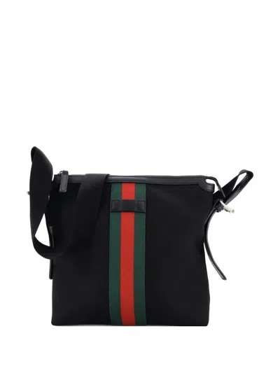 Pre-owned Gucci Web Messenger Bag Techno Canvas Medium Crossbody Bag In Black