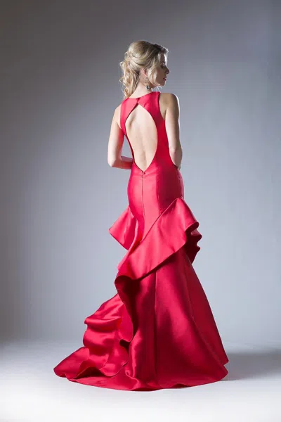 Ladivine 71428 Ruffle Long Formal Fitted Prom Dress In Red