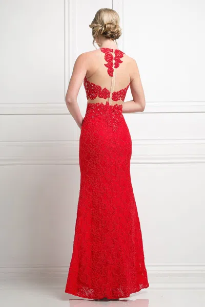 Ladivine 1586 Lace Formal Long Beaded Prom Dress In Red