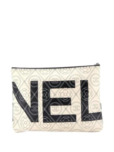 Pre-owned Chanel Camellia Logo Wristlet Printed Coated Canvas Medium Clutch Bag In Neutral